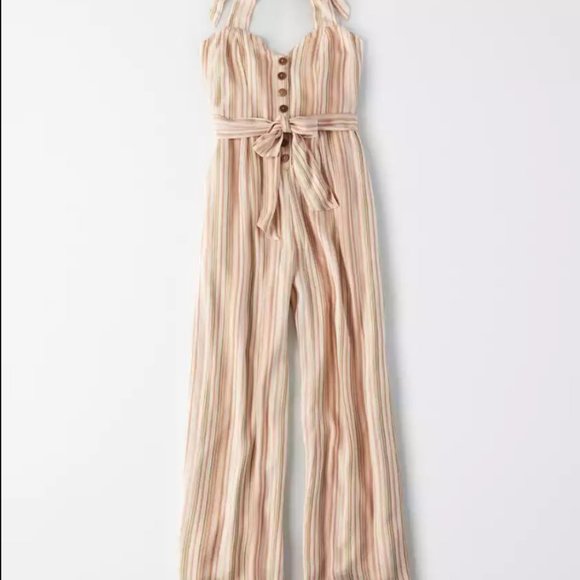 American Eagle Striped Tie Front Halter Jumpsuit button detail wide leg - Picture 5 of 13